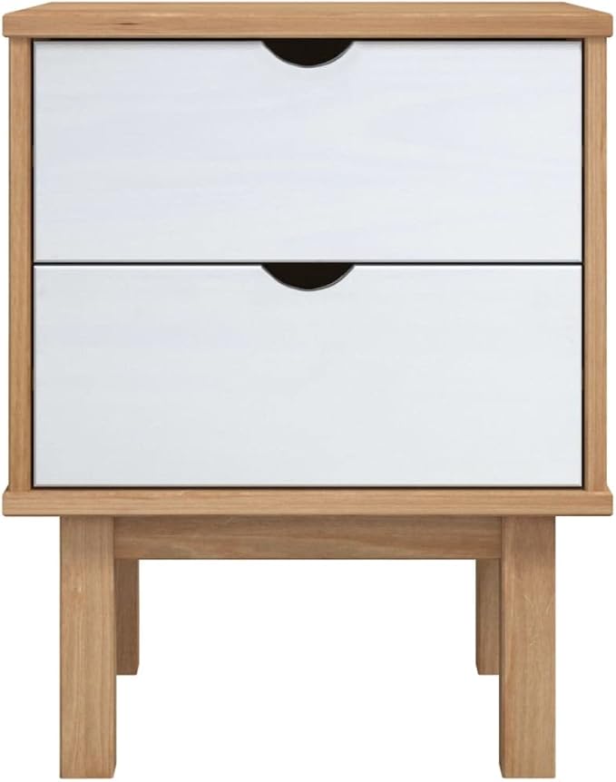 Scandinavian Nightstand Brown White Solid Pine Wood Side Table 15.4x17.7x22.4 - Image 4