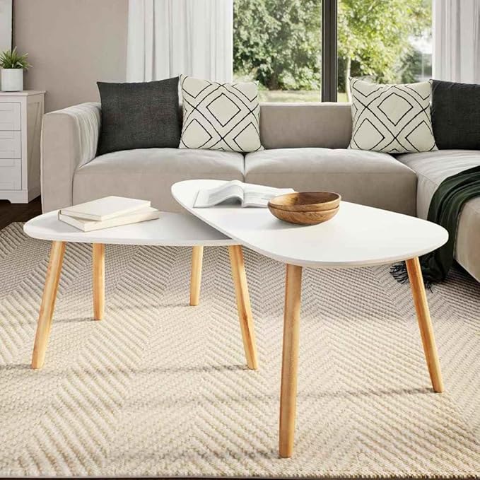2 Scandinavian-Style Coffee Table & Set White Solid Pinewood - Image 3