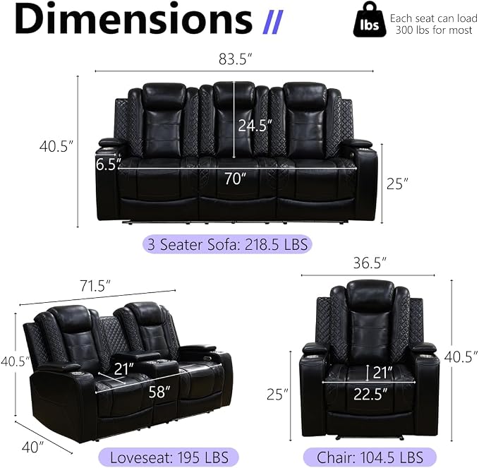 Power Recliner Sofa Set, Living Room Furniture Sets, Leather Reclining Sofa Set - Image 2
