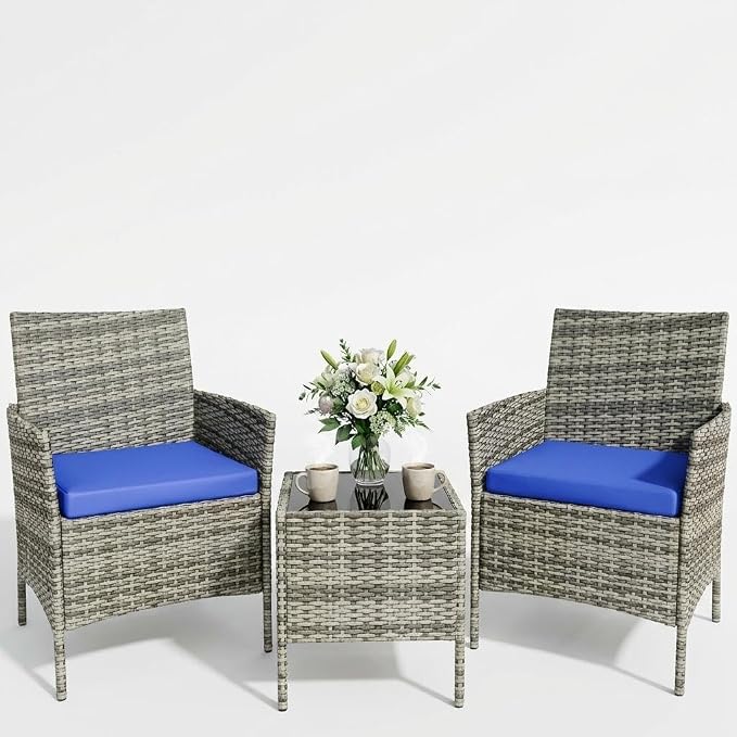 3 Piece Outdoor Patio Furniture Set, All-Weather PE Rattan Wicker Chairs by Garvee