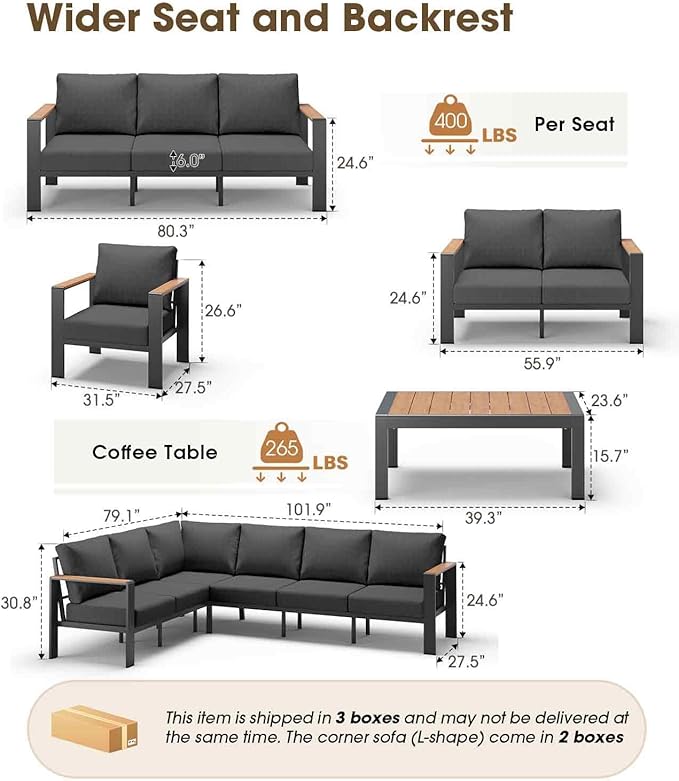 Aluminum Outdoor Patio Furniture Set 6 Seats, Outdoor Sectional Corner Sofa Set - Image 2