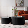 Black Round Coffee Table Nesting End Table Set of 2 Fluted Side Tables Set by JURMALYN