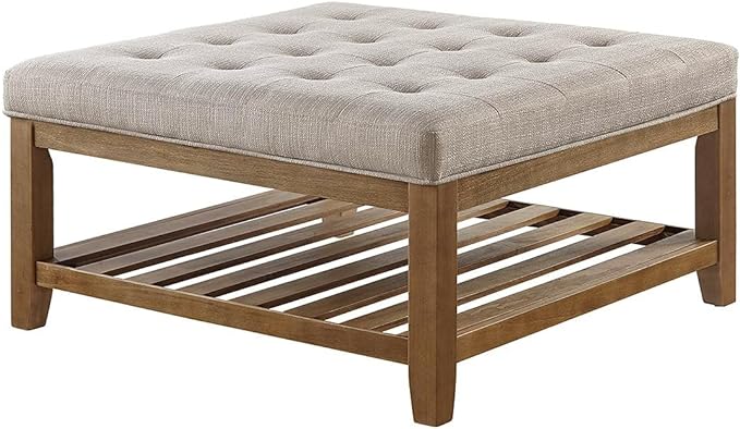 24KF Large Square Upholstered Tufted Linen Ottoman Coffee Table, Large Footrest - Image 4