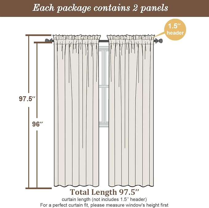 Chyhomenyc Ivory Semi Sheer Curtains 96 Inches Long 2 Panels - Image 5