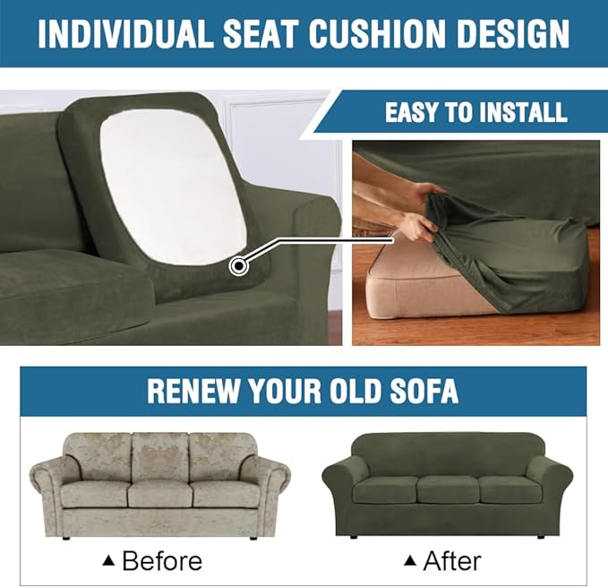 H.VERSAILTEX High Stretch Sofa Slipcover 4 Piece Cover Velvet Furniture - Image 6