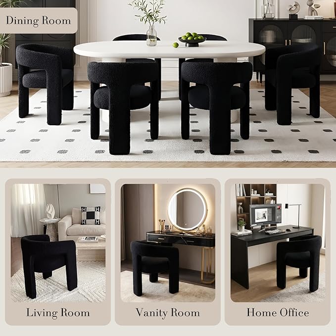 Black Dining Chairs Set of 4, Upholstered Sherpa Barrel Chairs - Image 5