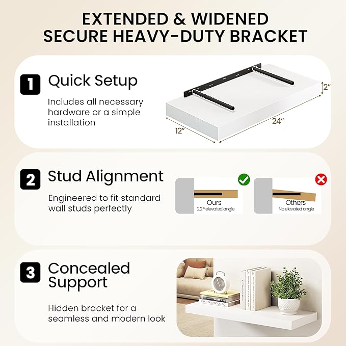 30Inch White Floating Shelves for Wall, 12 Inch Deep Shelves for Bedroom - Image 6
