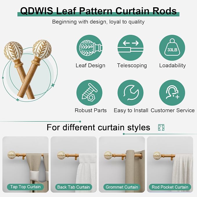 QDWIS Boho Wood Curtain Rods for Windows 66 to 120 inch, Rustic Decorative - Image 6