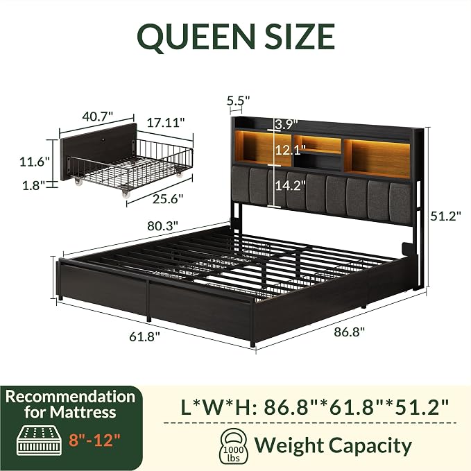 LARMACE Queen Bed Frame with 6 Storage Drawers, Bed Frame Queen Size with Linen - Image 2