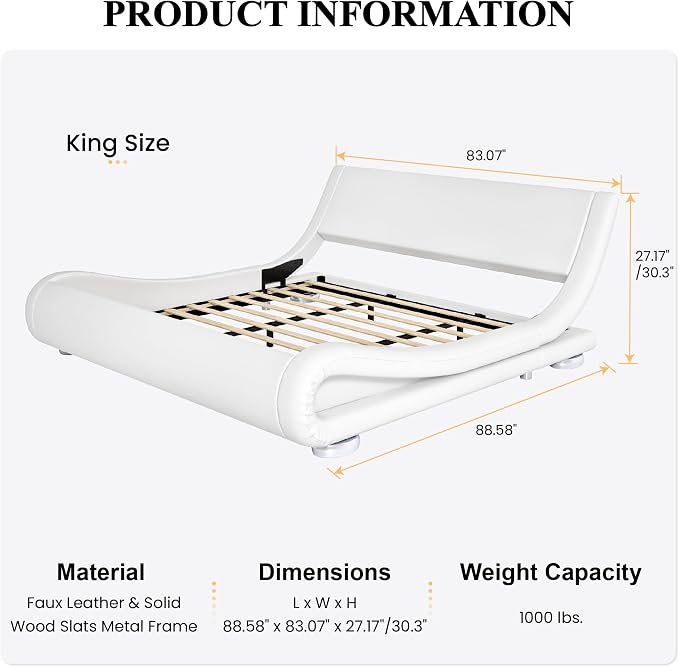 SHA CERLIN King Size Upholstered Bed Frame, Deluxe Low Profile Sleigh Bed - Image 2