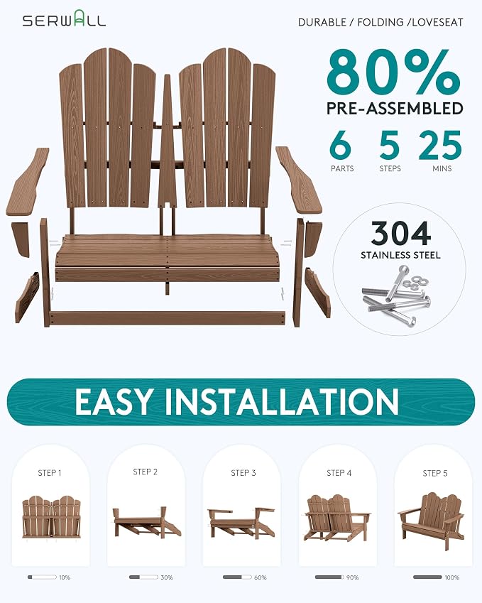 SERWALL 4 Pieces HDPE Patio Adirondack Chair Set, 2 Adirondack Chair - Image 7