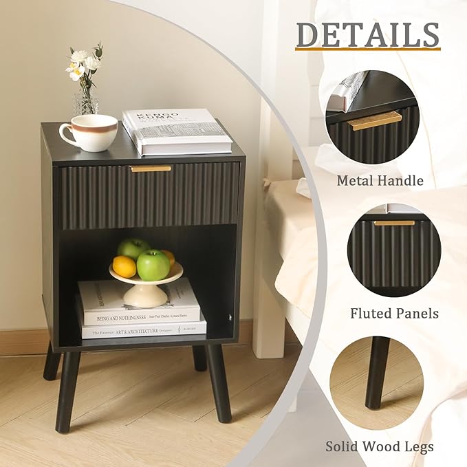 Fultyle Black Fluted Nightstand, Modern Bedside Table - Image 5