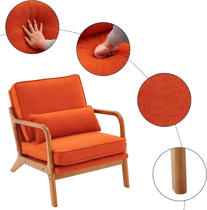 Bonnlo Linen Burnt Orange Mid Century Modern Accent Chair, Soild Wood Padding - Image 4