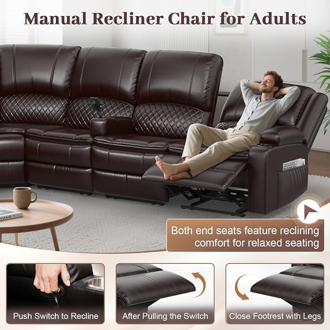 Yolsali Manual Reclining Sectional Sofa Set, 7 Seats Soft Leather Recliner - Image 5