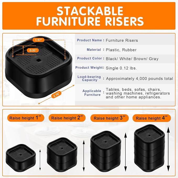 shouwuhho 9 Pack Furniture Risers Adjustable Bed Risers Heavy Duty Lifts Height - Image 2