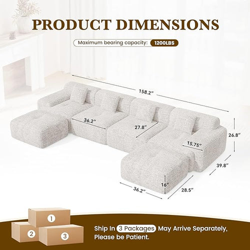 158" U Shaped Convertible Modular Couch, Cloud Couch Sectional - Image 2