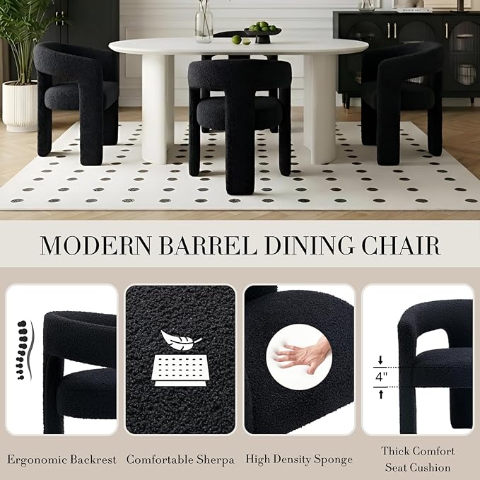 Black Dining Chairs Set of 4, Upholstered Sherpa Barrel Chairs - Image 4