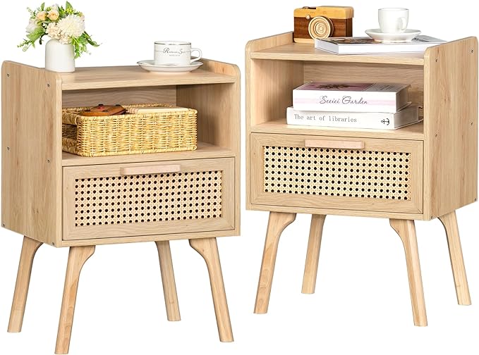 Lerliuo Rattan Nightstands Set of 2, Boho Side Table by Lerliuo