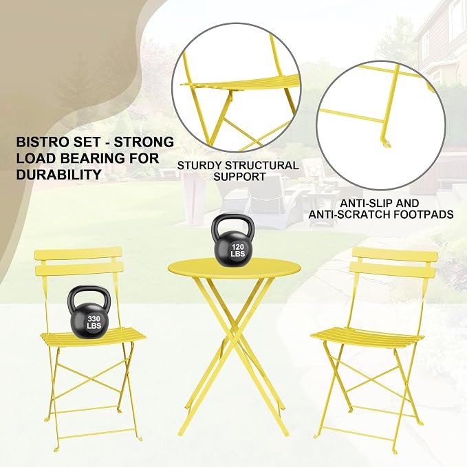 Bistro Table and Chairs Set of 2, 3 Piece Outdoor/Indoor Folding Patio Bistro - Image 4