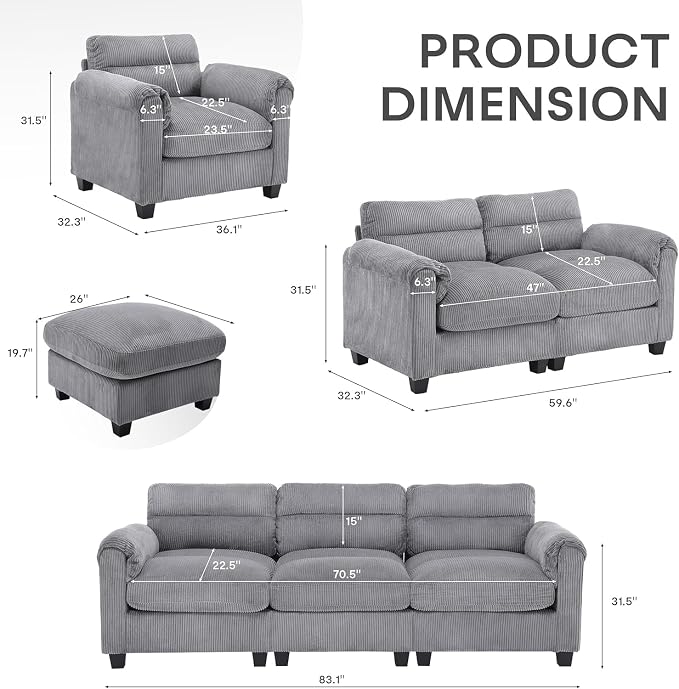 HAOMARKETS Corduroy 4-Piece Sofa Set, Upholstered Ottoman Set of 2, Accent - Image 2
