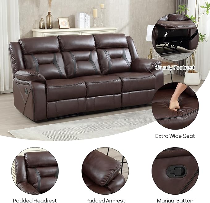 EBELLO Manual Recliner Sofa Set, Faux Leather Reclining Living Room Furniture - Image 4