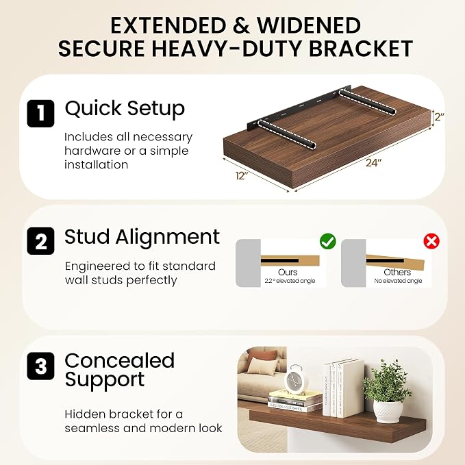 32Inch Walnut Floating Shelves for Wall, 12 Inch Deep Shelves for Bedroom - Image 6