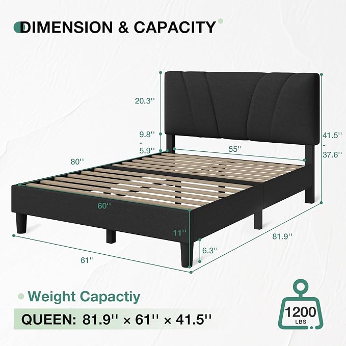 Novilla Queen Bed Frame with Headboard, Bed Frame Queen Size with Wood Slats - Image 2
