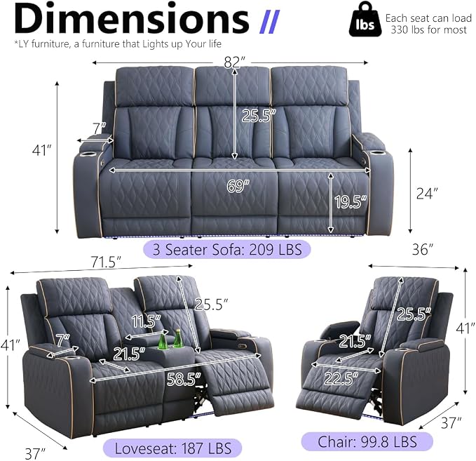 Power Reclining Sofa Set, Living Room Furniture Sets, Leather Recliner Sofa & - Image 2