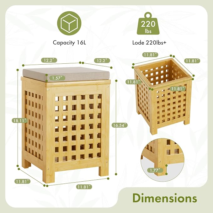 Bamboo End Table with Removable Cushion and Hidden Storage, 2-in-1 Ottoman Side - Image 3