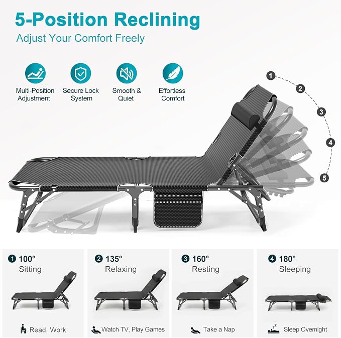 ABORON Chaise Lounge Chair, 5 Positions Padded Outdoor Tanning Chair, Heavy - Image 3