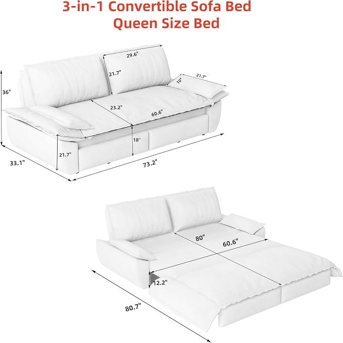 KEIKI 73.2" Convertible Futon Sofa Bed Queen Size, 3-in-1 Pull Out Couch - Image 2
