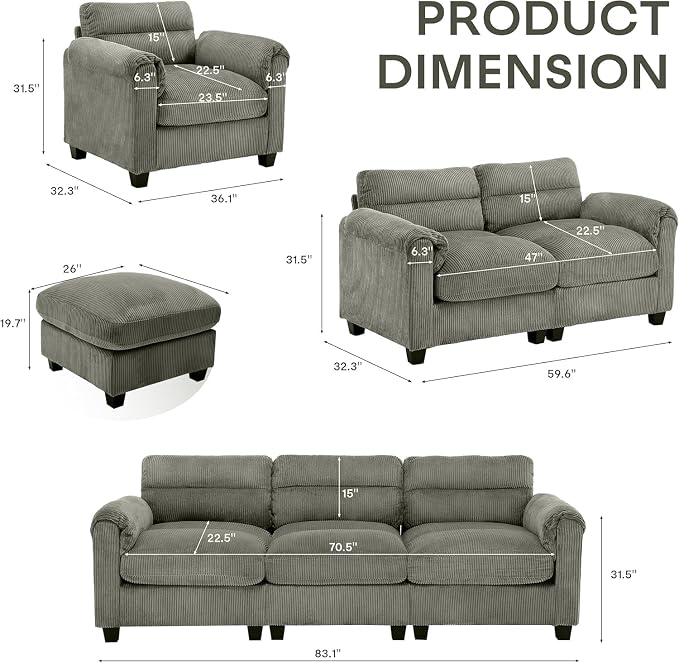 HAOMARKETS Corduroy 2-Piece Sofa Set, Upholstered Ottoman and Loveseat 2-Seater - Image 2