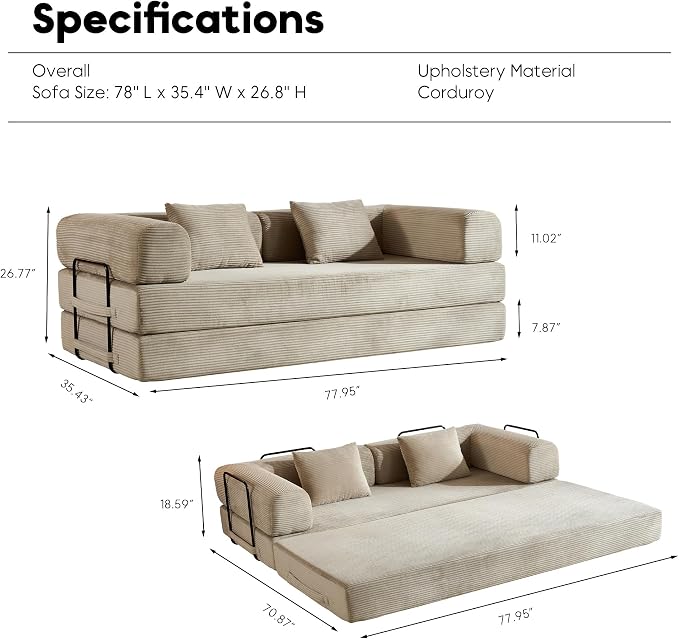 ZEIINPA Corduroy Floor Sofa Bed, Convertible Folding Couch Bed - Image 2