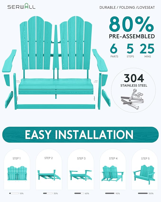 SERWALL Folding Adirondack Bench, HDPE All-Weather Adirondack Loveseat Set of 2 - Image 4