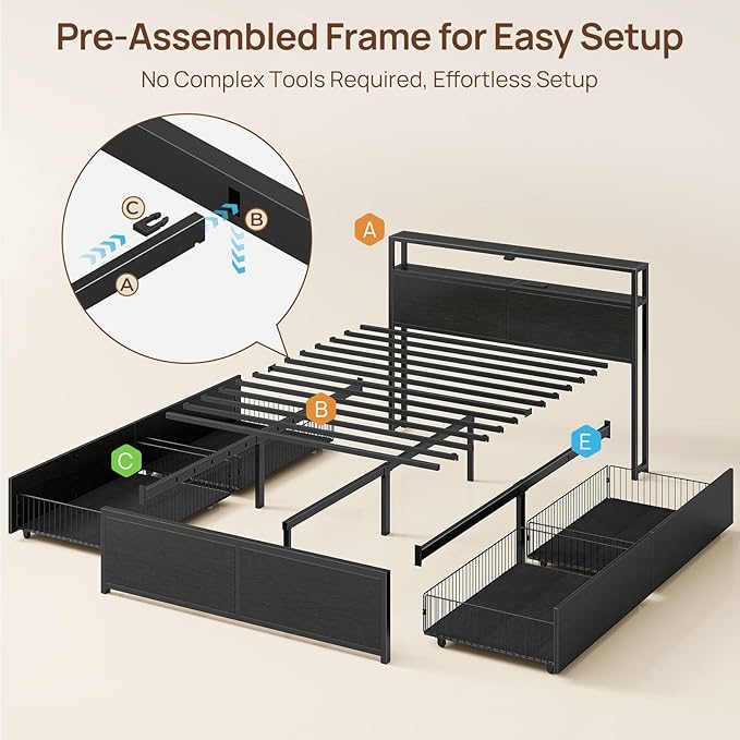 Rolanstar Queen Bed Frame with 4 Storage Drawers & 2-Tier Storage Headboard - Image 3