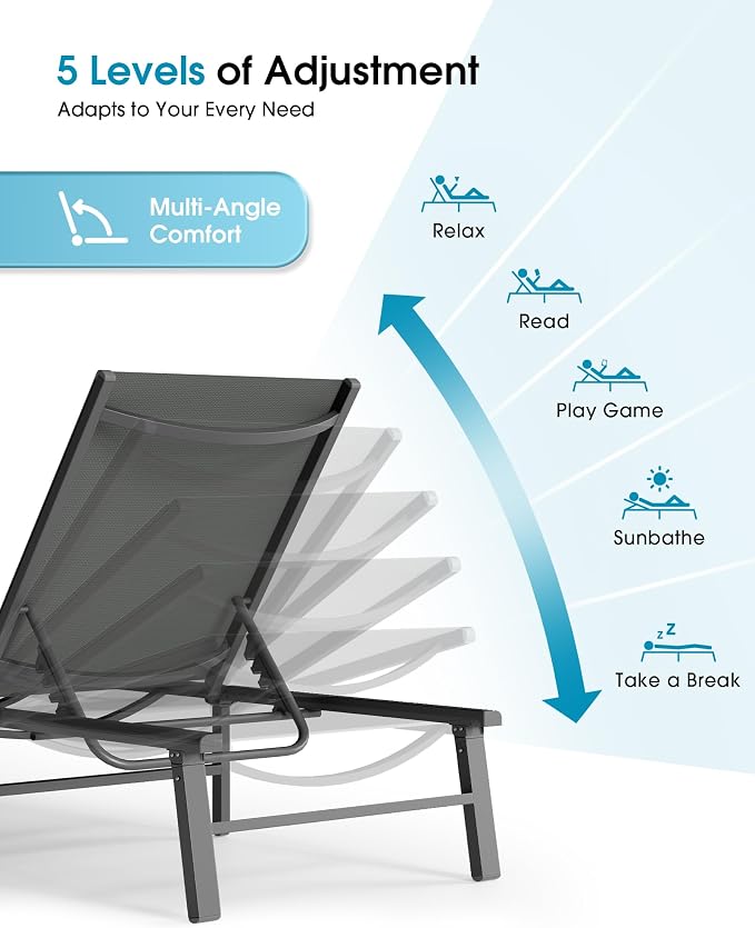 Ciokea Foldable Outdoor Lounge Chair Set of 2, No Assembly Aluminum Chaise - Image 7
