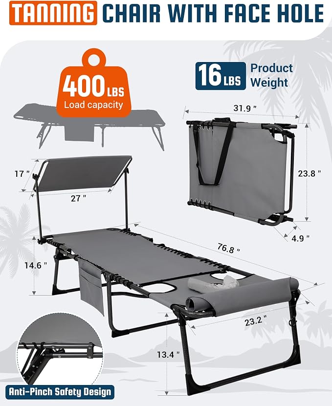 KingCamp Lounge Chair with face Hole & Canopy Shade, 400LBS Folding Portable - Image 2