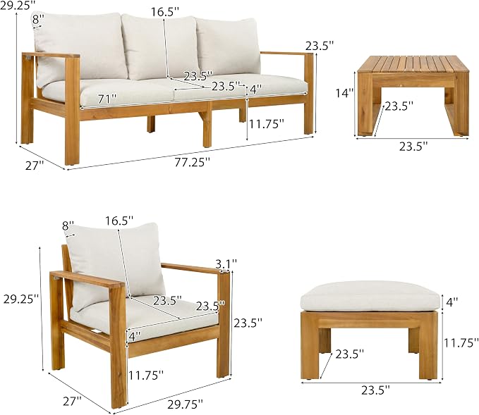 Christopher Knight Home Kayahs 4 Pieces Acacia Wood Furniture Set, Patio - Image 3