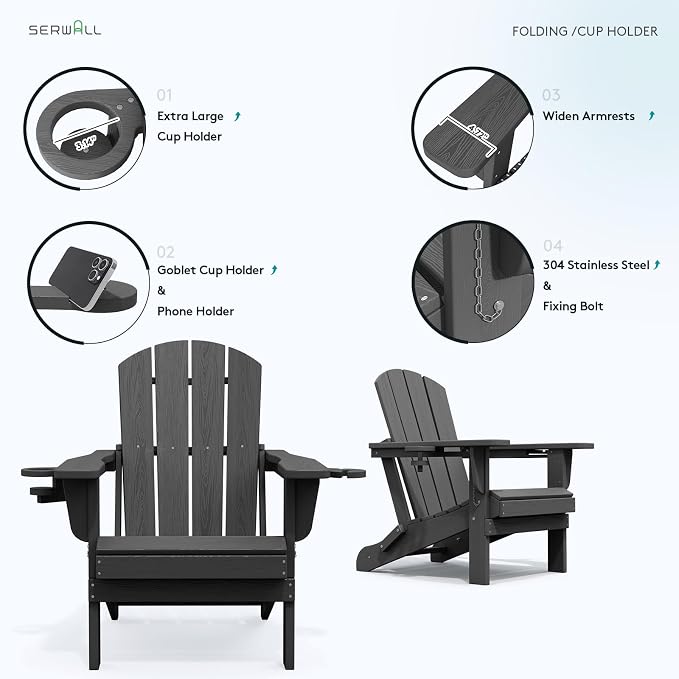 SERWALL Foldable Adirondack Chair Set of 4, HDPE Adirondack Chair - Image 5