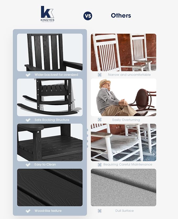 KINGYES Oversized Outdoor Rocking Chair, All-Weather Patio Rocking Chairs - Image 9
