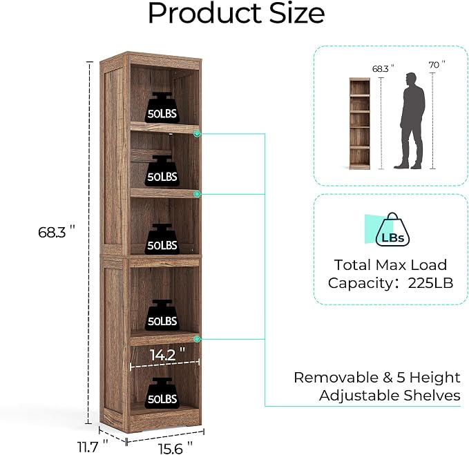 LINSY HOME 5-Shelf Bookcase, Narrow Bookshelves Floor Standing Display Storage - Image 3