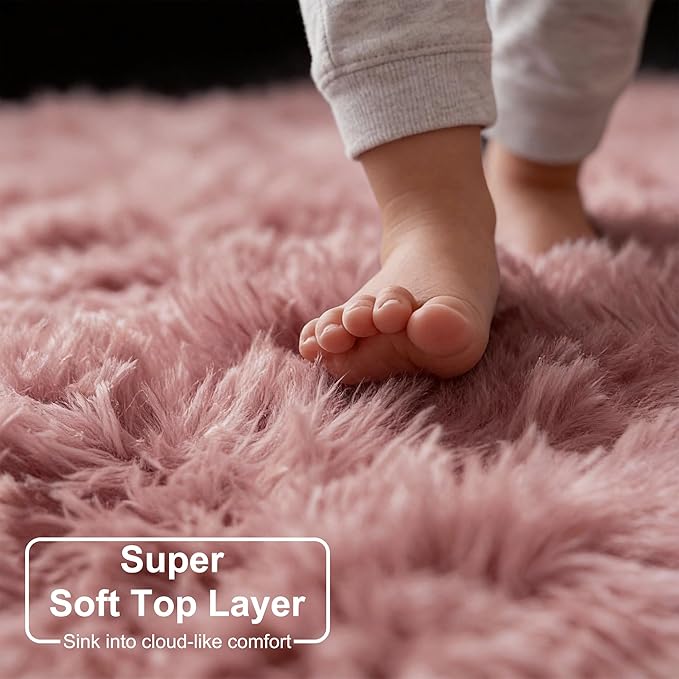 Blush Pink Small Round Rug 3Ft for Kids Bedroom, Fluffy Fuzzy Furry Circle Area - Image 4