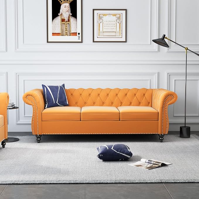 ORRD 3 Piece Living Room Set, Velvet Chesterfield Sofa Loveseat Couch Chair - Image 3