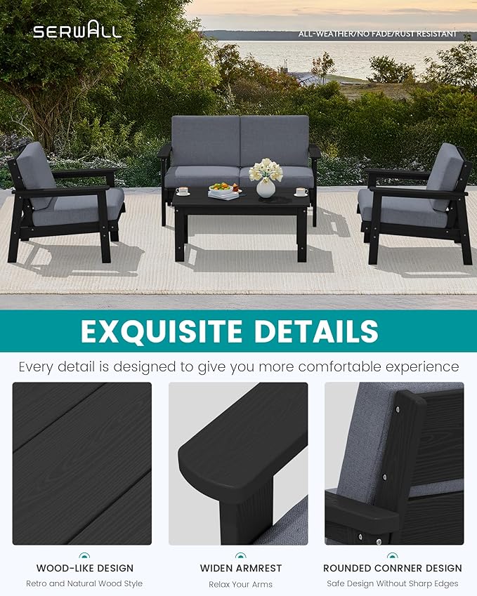 SERWALL HDPE Outdoor Furniture Set, 7 Piece All Weather Wood-Like Outdoor Sofa - Image 4