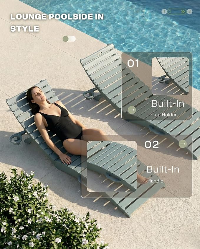 Folding HDPE Pool Lounge Chairs Set of 6, Pre-Assembled Outdoor Chaise Lounge - Image 5