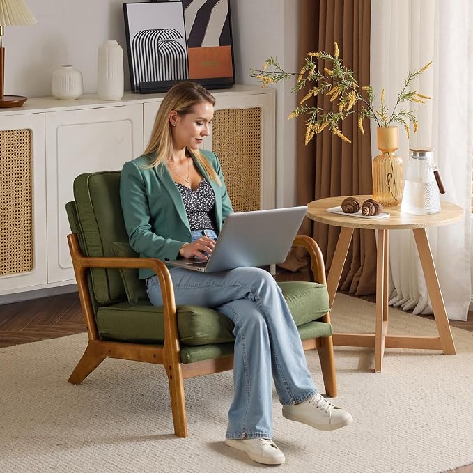 Bonnlo Dark Green Linen Accent Chairs Set of 2, Upholstered Mid Century Modern - Image 4
