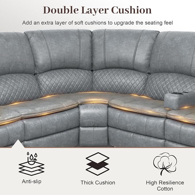 Yolsali Manual Reclining Sectional Sofa Set, 6 Seats Soft Leather Recliner - Image 4
