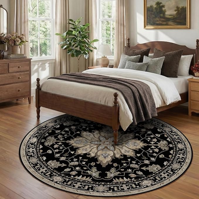 RELEANY Area Rugs Round 8ft Washable Non-Slip, Floral Vintage Distress Print - Image 3