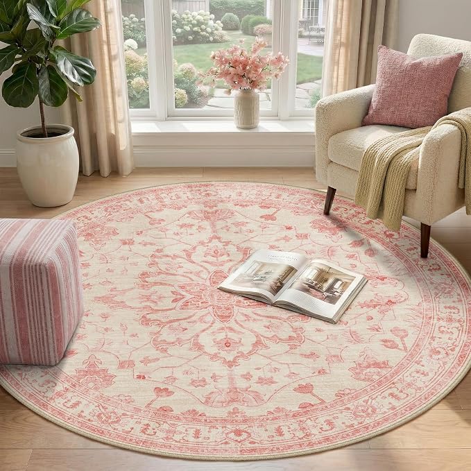 RELEANY Area Rugs Round 4ft Washable Non-Slip, Floral Vintage Distress Print - Image 2