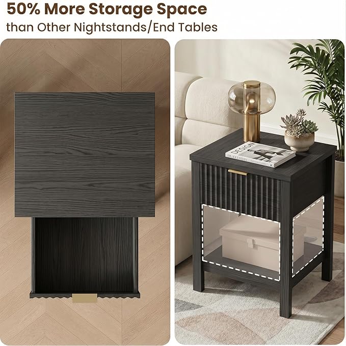 Fluted Night Stand with Golden Handle, Mid-Century Nightstands with Drawer - Image 4